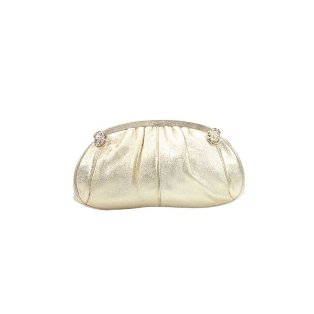 Judith Leiber Womens Leather Metallic Clasp Clutch Handbag Gold
